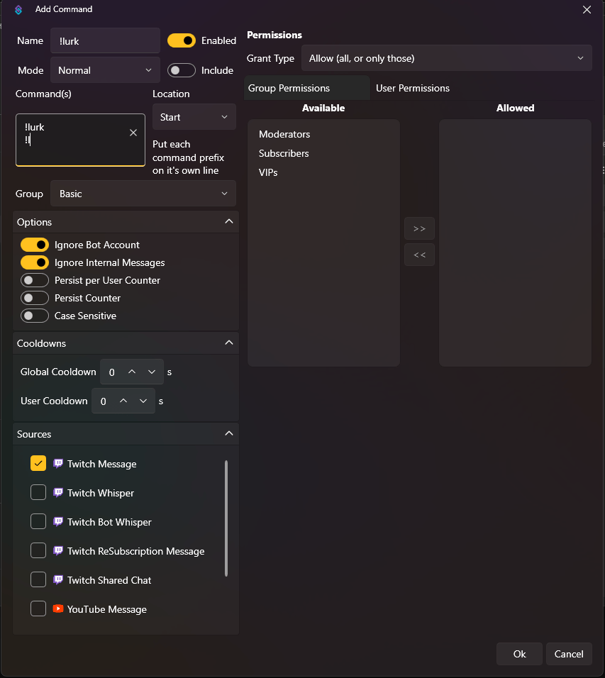 Screenshot of the Application Streamer.bot. The screenshot depicts  the dialog box to add commands onto the application.