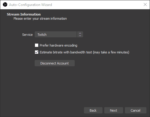 Screenshot of the Auto-Configuration Wizard Stream Information  On OBS