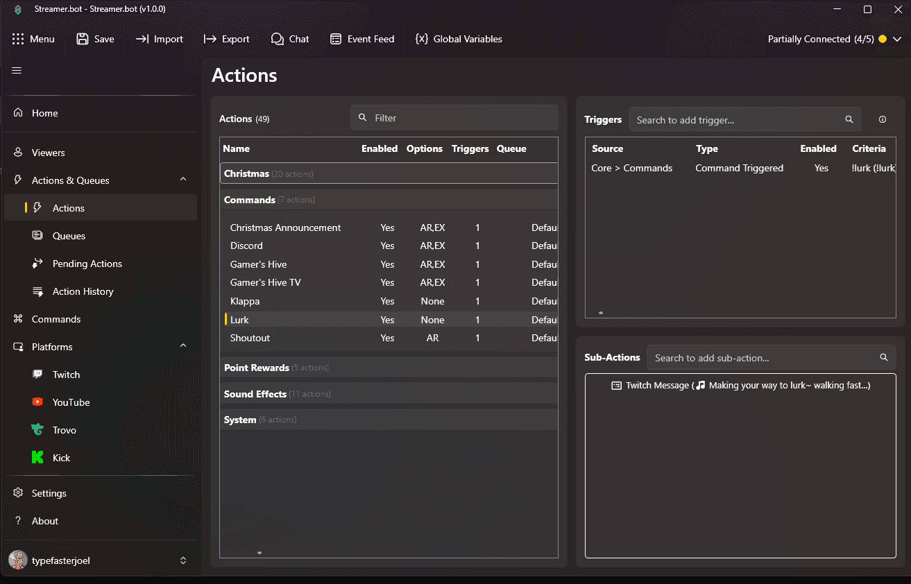 Screenshot of the Application Streamer.bot. The screenshot depicts the main window view with the Actions tab highlighted.