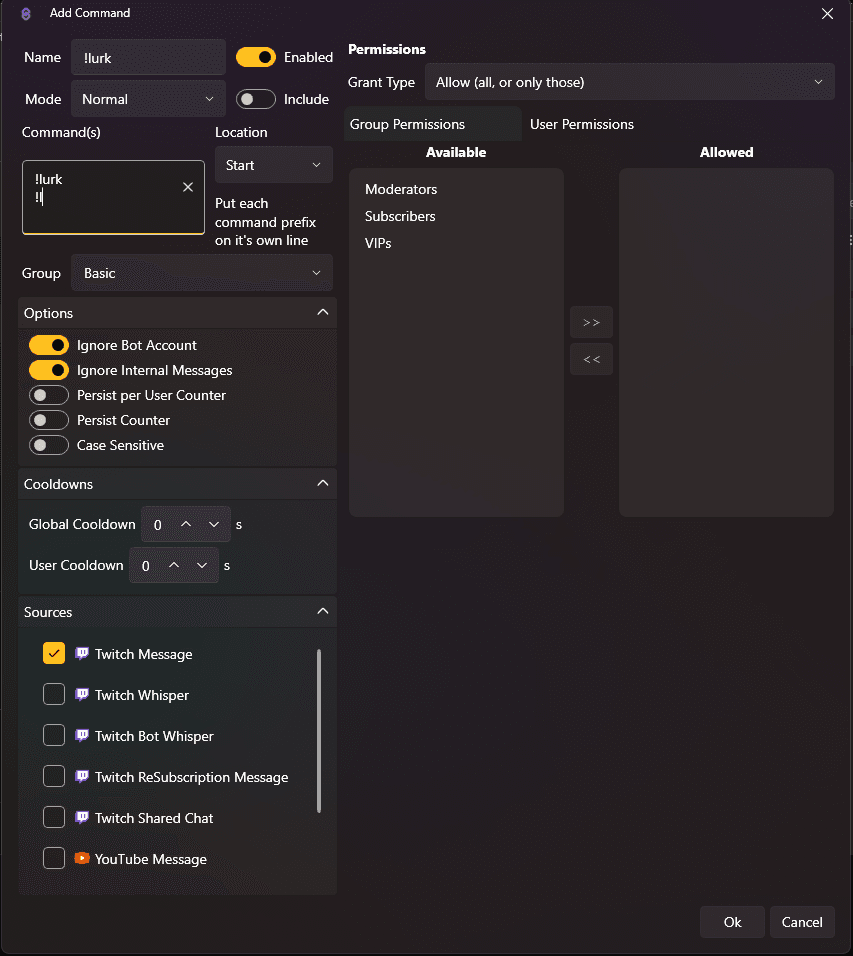 Screenshot of the Application Streamer.bot. The screenshot depicts the dialog box to add commands onto the application.
