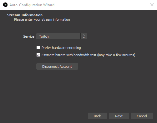 Screenshot of the Auto-Configuration Wizard Stream Information On OBS